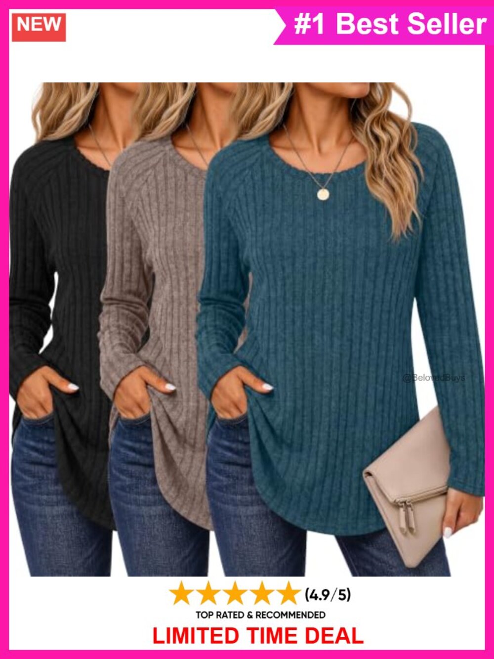 3 Pack Women's Long Sleeve Tunics Sweaters Curved Hem Crew Neck Loose Fit